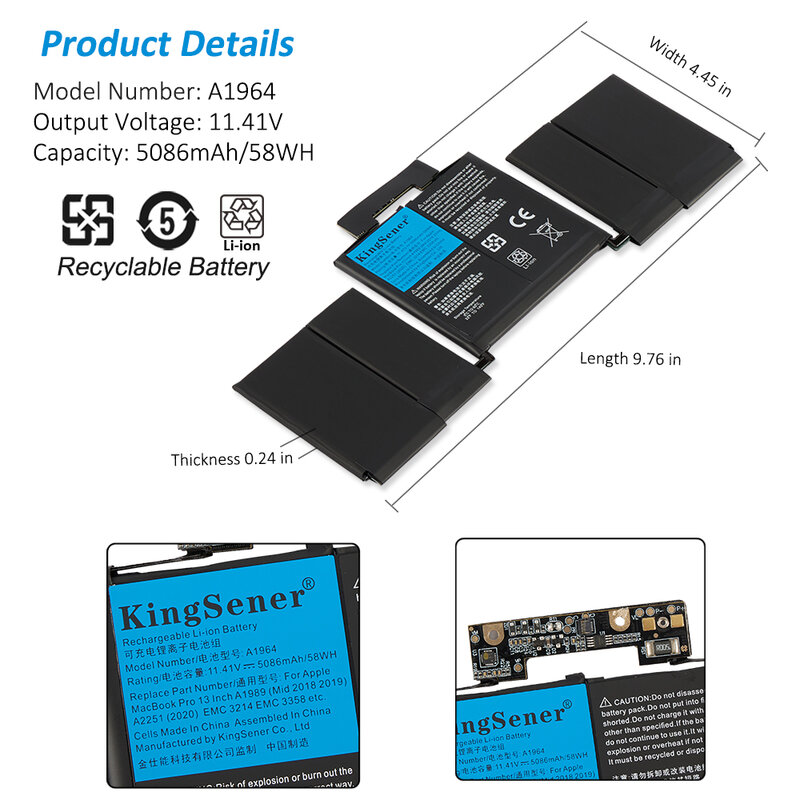 KingSener A1964 Laptop Battery for Apple MacBook Pro A1989 13" (2018/2019) A2251 (2020) EMC3214 EMC3358 020-02497 MR9Q2LL/A 58Wh