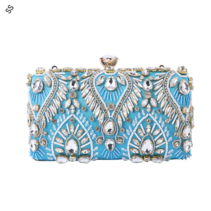 Rhinestones artesanais puros Shell duro-embreagem para mulheres, cor azul, bolsas cobertas de seda para senhoras