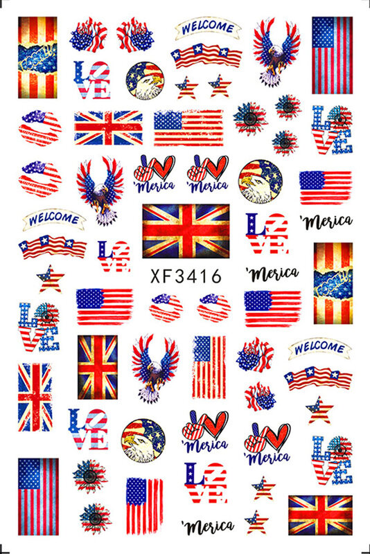 2022 New USA 네일 슬라이더 디자인 American Flag 네일 스티커 National Independence Day Decals 8 가지 유형 DIY 장식