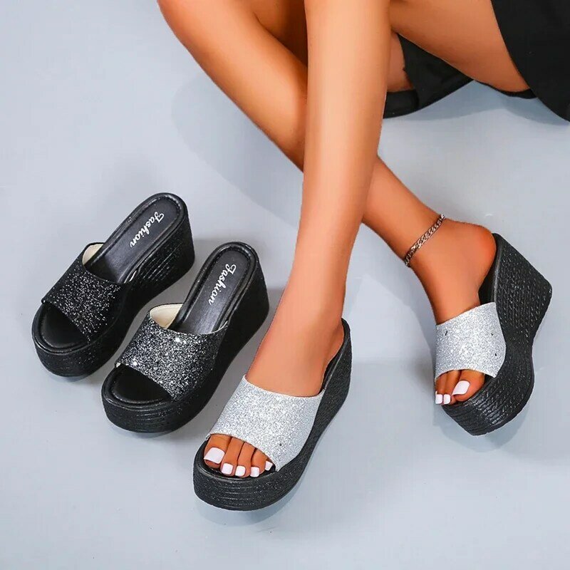 Sandal karet Wedges padat untuk wanita, Zapatos sepatu hak tinggi kasual Pu 2024