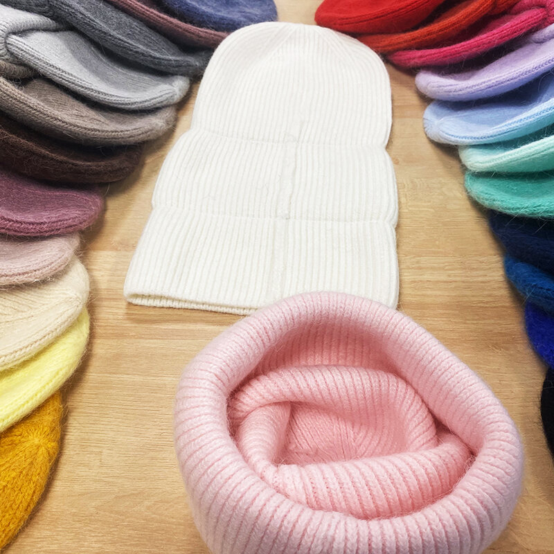 앙골라 래빗 퍼 니트 스컬리 및 비니 여성용 용수철 모자, 단색 따뜻한 캐시미어 울, 3 겹 두께, 24 색, 2024 패션