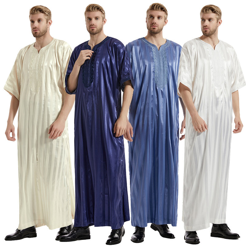 Vintage Loose Muslim Robe Men's Short Sleeve Fashion Jubba Thobe Men's Casual Striped Embroidered Islamic Clothing