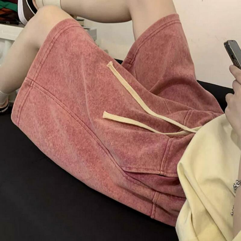 Casual Shorts Men's Knee-length Drawstring Shorts with Elastic Waist Deep Crotch Solid Color Streetwear Sports Pants for Summer