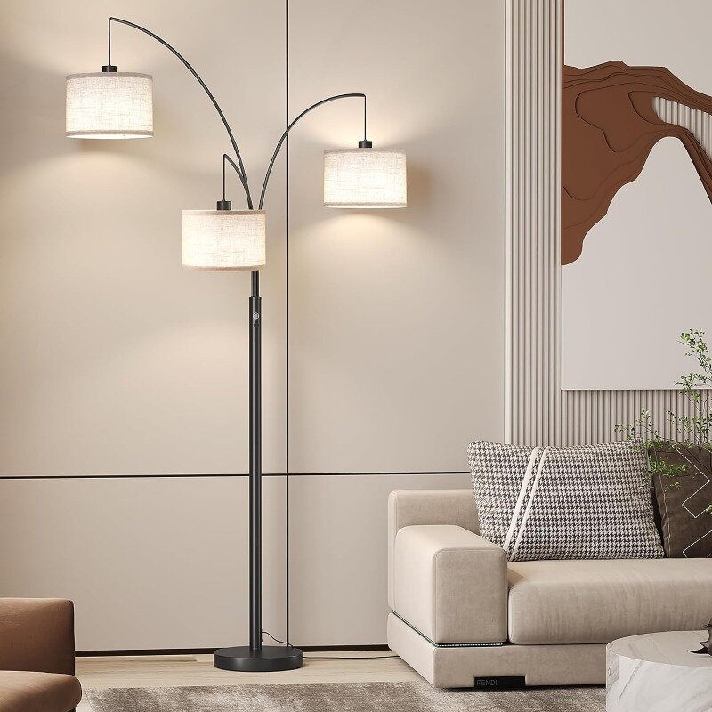 Alto pé lâmpada do assoalho com suspensão tambor sombra, moderno arco lâmpadas de assoalho com base pesada, sala, 3 luzes, 78"