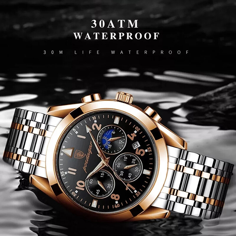 Reloj deportivo de lujo para hombre, cronógrafo de cuarzo dorado con correa de acero inoxidable, luminoso, resistente al agua