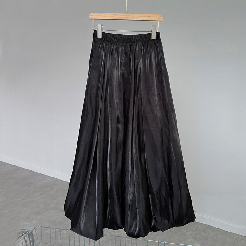 Women's Solid Color Fashion Pleated Skirts High Waist A Line Long Skirt