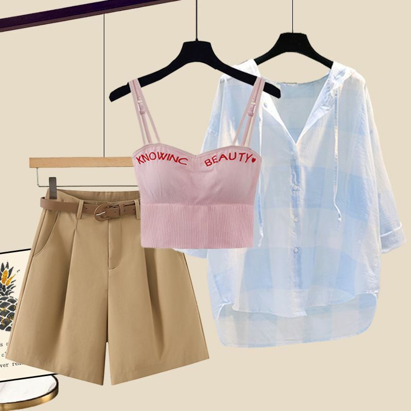 Женский комплект из трех предметов, повседневная Солнцезащитная рубашка и шорты с широкими штанинами, приталенная Майка, весна-лето 2024