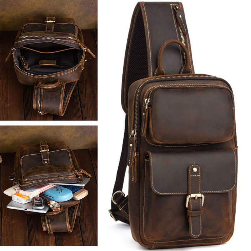 Retro Men's Genuine Leather Top Layer Cowhide Shoulder Bags Waterproof Crossbody Travel Sling Messenger Pack Chest Bag for Male
