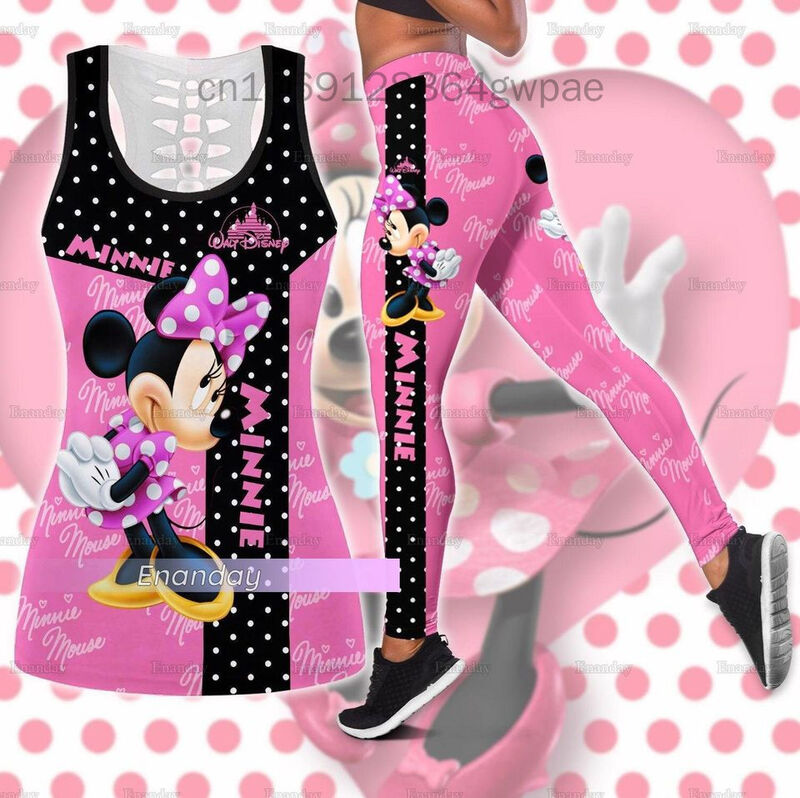 Minnie Mickey Women's Hollow Vest Women's Leggings Yoga Suit Fitness Leggings Sports Suit Disney Tank Top Legging Set Outfit