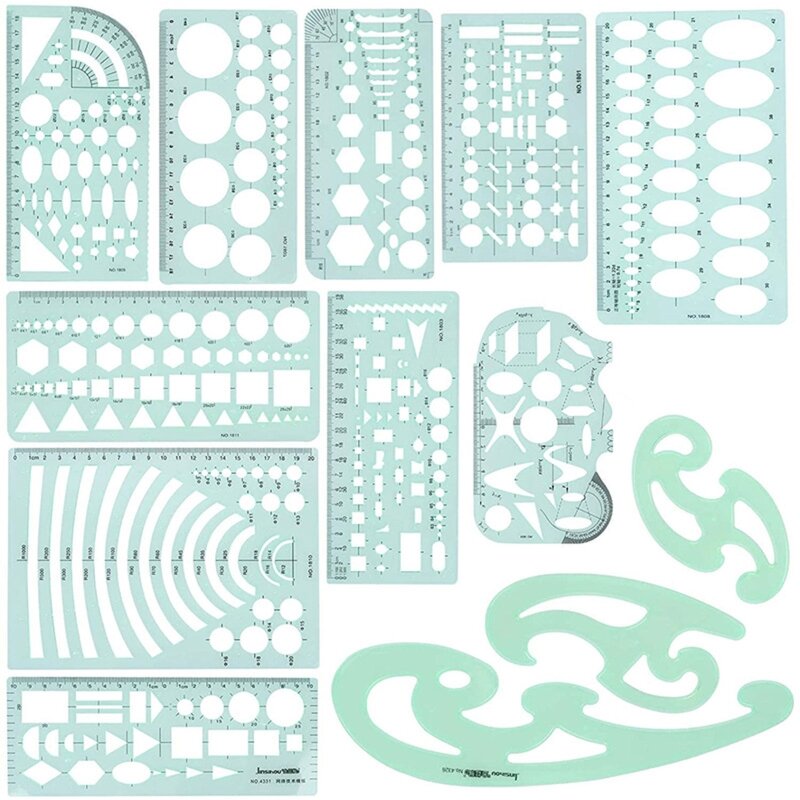 Kit de reglas de plantilla de dibujo de plástico, reglas de dibujo geométrico de construcción de medición para dibujar ilustraciones, arquitectura