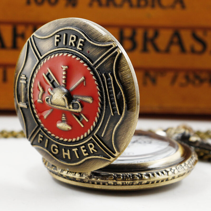 Vintage Exquisite Firemen ToolsCarved High Quality Quartz Pocket Watch Necklace Pendant Gifts For Women Or Man with Fob Chain
