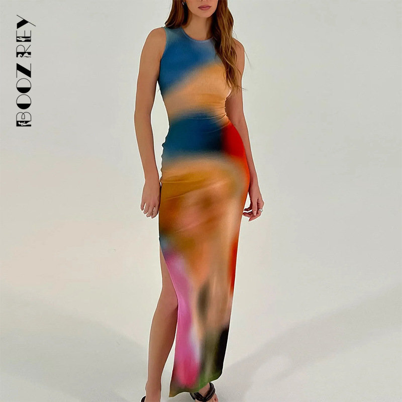 BoozRey-대조 색상 프린트 스키니 드레스 여성용, 여름 민소매 스트리트웨어, 여성 파티 클럽 소녀 바디콘 맥시 드레스