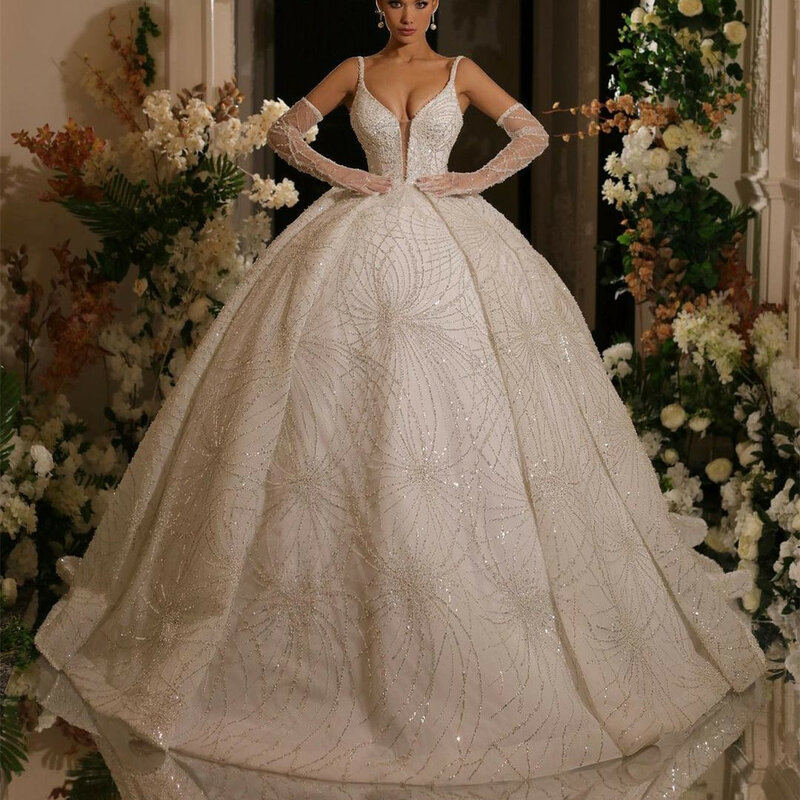 Luxury Ball Gown Wedding Dresses Long Sleeves V Neck Straps Sequins Beaded Appliques Lace Ruffles Bridal Gowns Vestina De Novia