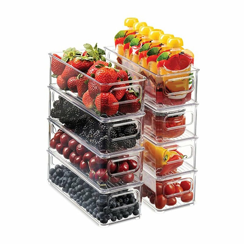 積み重ね可能なプラスチック製の食品収納ビン、ハンドル付きキッチン冷蔵庫オーガナイザー、パントリーキャビネット、透明な食品収納ラック