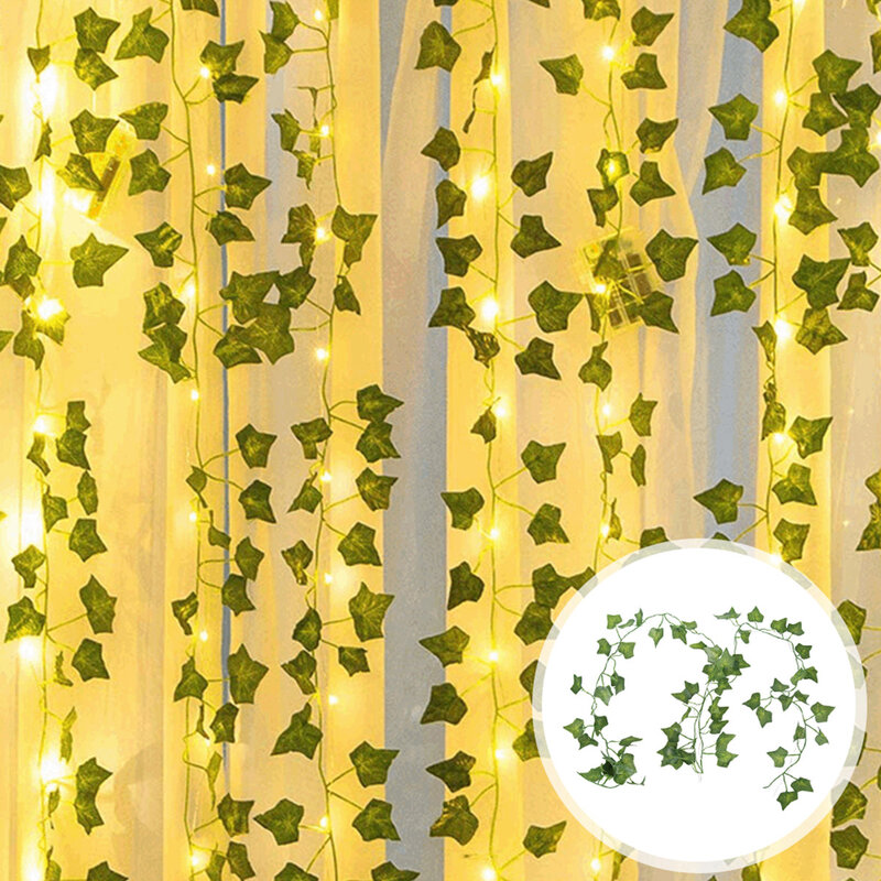 2M Sztuczny liść klonu winorośli wiszące zielone liście winorośli z 20LED girlanda żarówkowa Plastikowe liście klonu Fałszywa roślina na ścianę