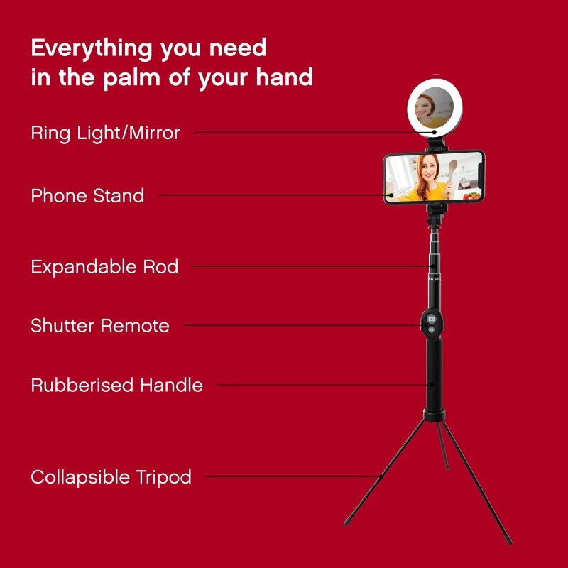 On Air Selfie Light Stick, Pro, 5 "Extensível Anel de Luz com Tripé, Obturador Bluetooth, 3 Modos de Luz, Alimentação USB, 5,5 pés