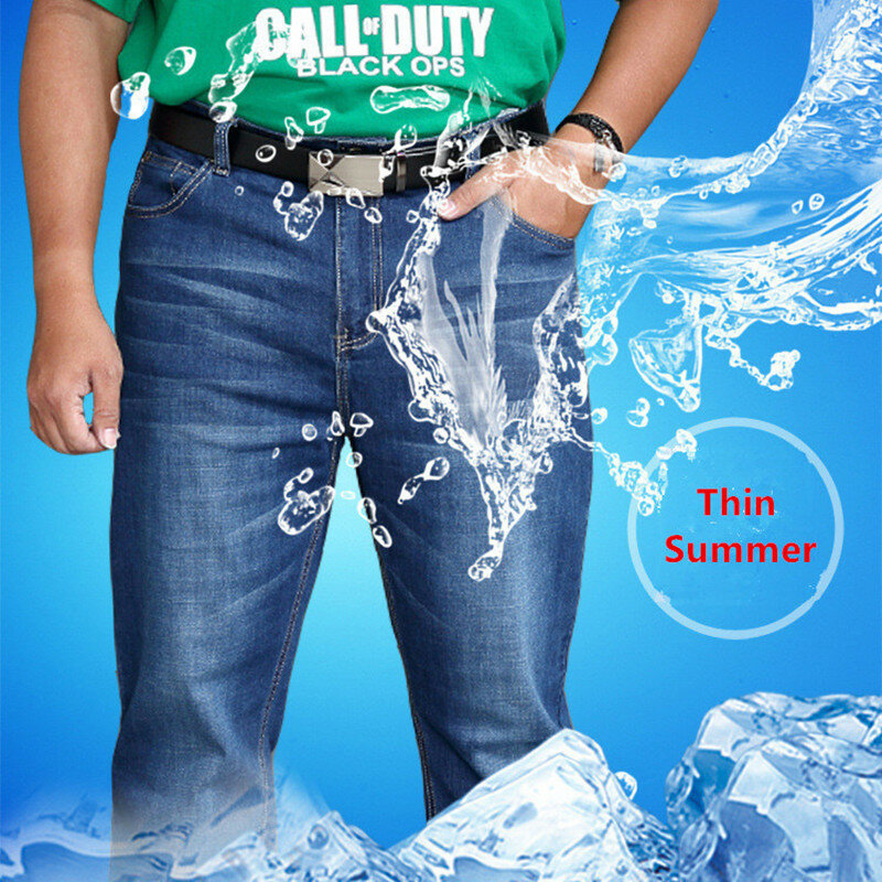 Jeans Männer Frühlings hose gestreckt plus Größe 44 46 48 hohe Taille elastische leichte Sommer-Jeans hose gerade lose Kleidung