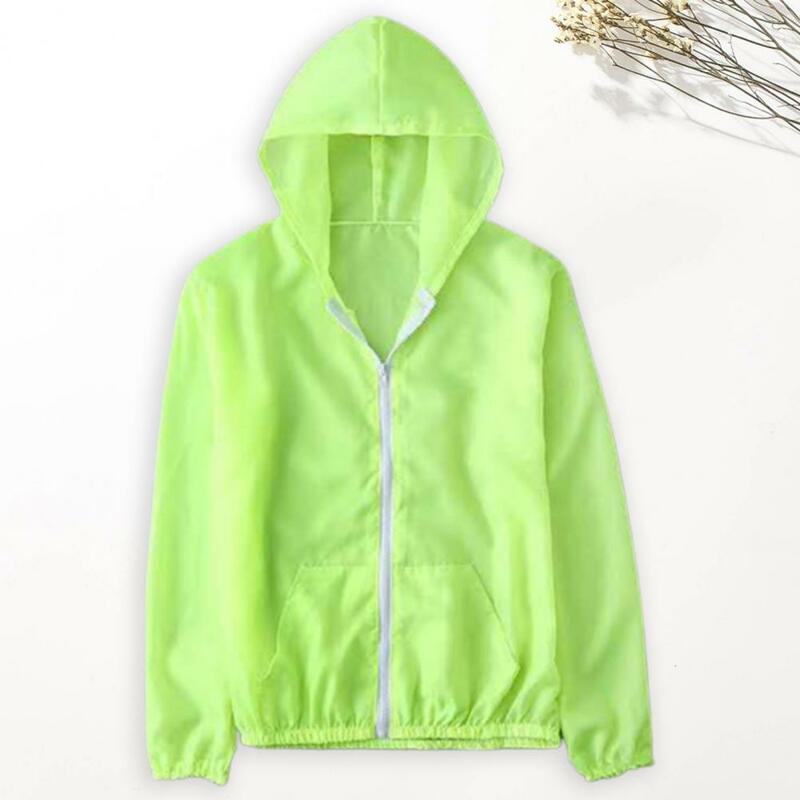 캠핑 후드 긴 소매 자외선 차단 재킷, 포켓 지퍼 플래킷, 단색 유니섹스 초박형 자외선 차단 의류