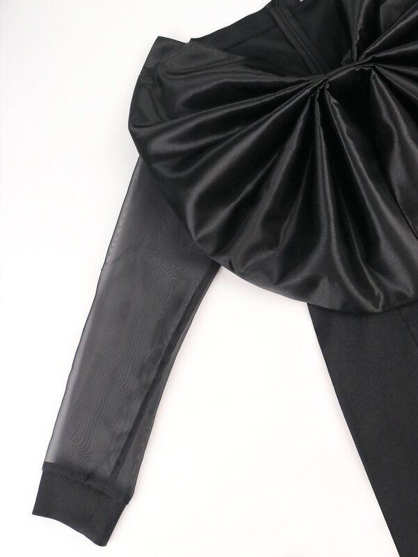 Combinaisons de soirée noires pour femmes, grande taille, nœud papillon, manches longues en tulle, pantalon droit compromis, tenues une pièce, barboteuses 4XL