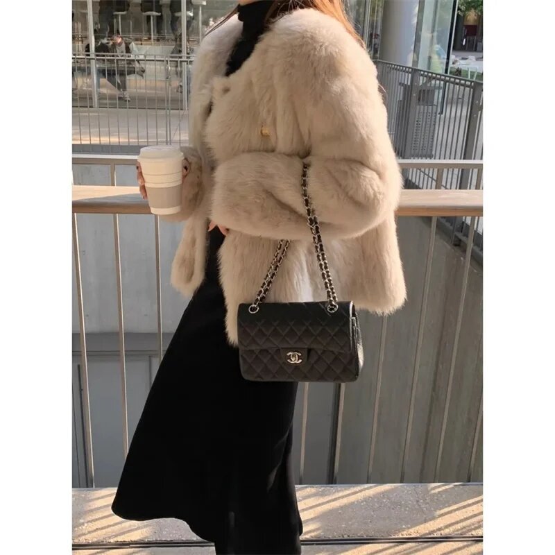 Women's Imitation Fur Coat Autumn  Winter Loose And Thick Plush Short Fur Integrated Double Breasted Outwear Top Black Jacket
