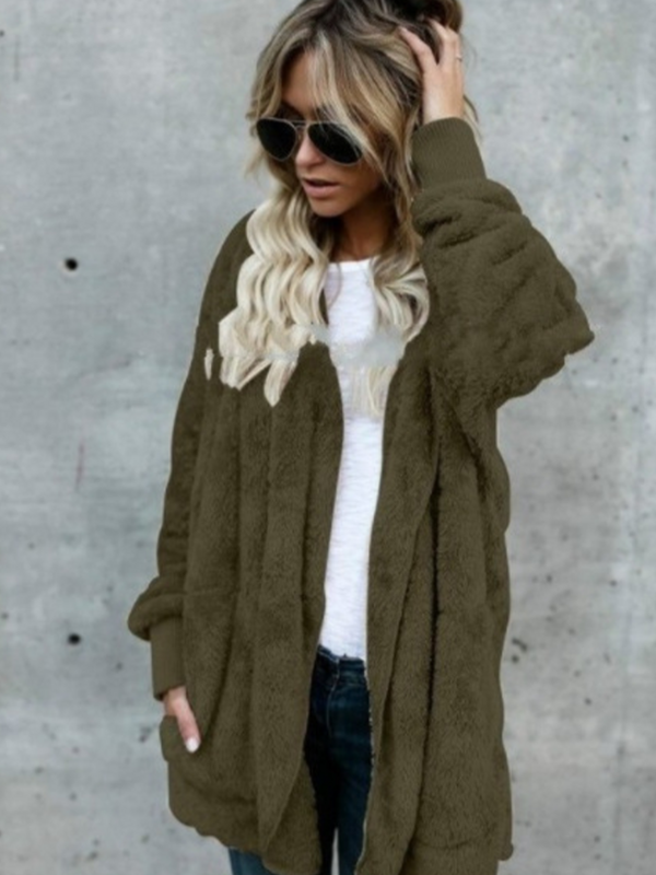Женское осенне-зимнее теплое мягкое искусственное пальто с карманами и капюшоном