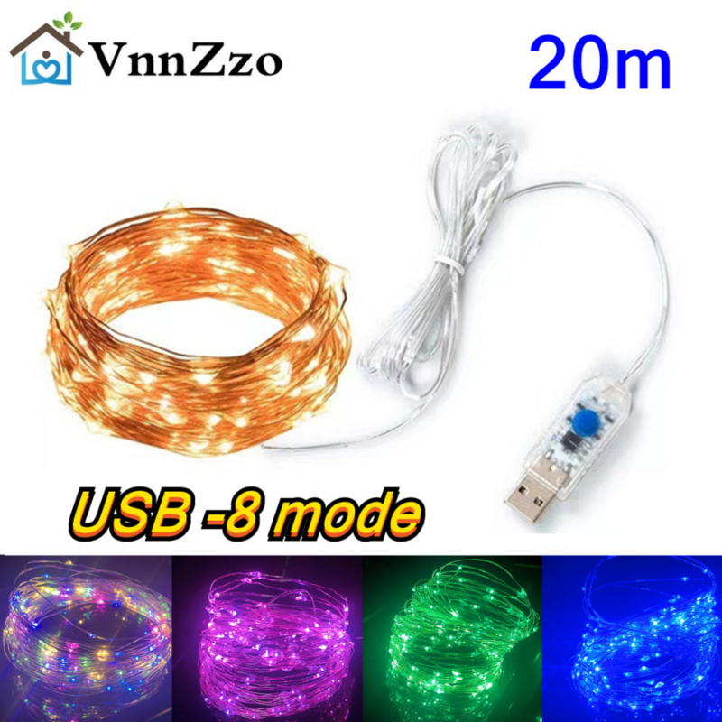 5M 10M 20M LED Outdoor Light String Fairy Garland USB Copper Wire Lights 8 Mode For Christmas Festoon Party Holiday Lights