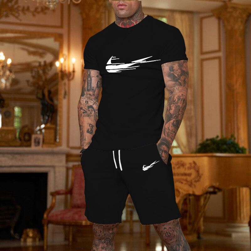 Новинка, летняя повседневная спортивная одежда для бега и баскетбола с 3D сращением, мужской комплект из футболки с коротким рукавом и уличных шортов, комплект из двух предметов