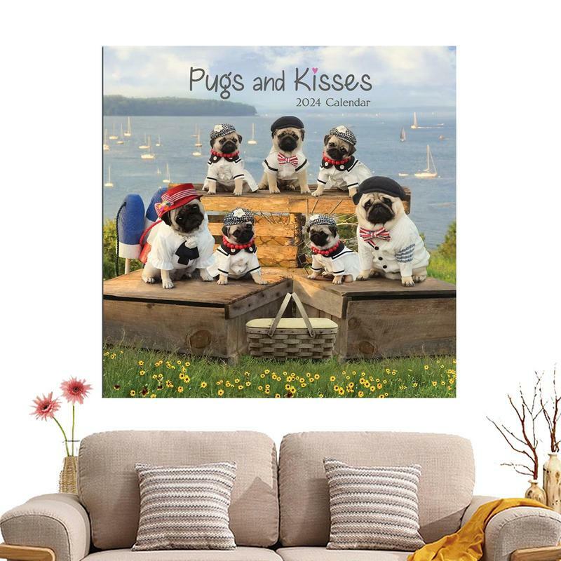 Calendário Mensal de Parede Pug, Calendário Pendurado, Calendário Animal, Planejador Familiar, Organizador Diário, Cute Images, 2024
