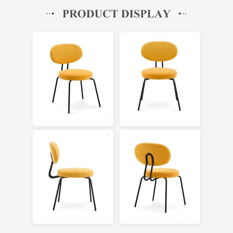 Lot de 2 chaises de salle à manger en tissu moderne, avec dossier incurvé, siège rond, pieds en métal noir, jaune