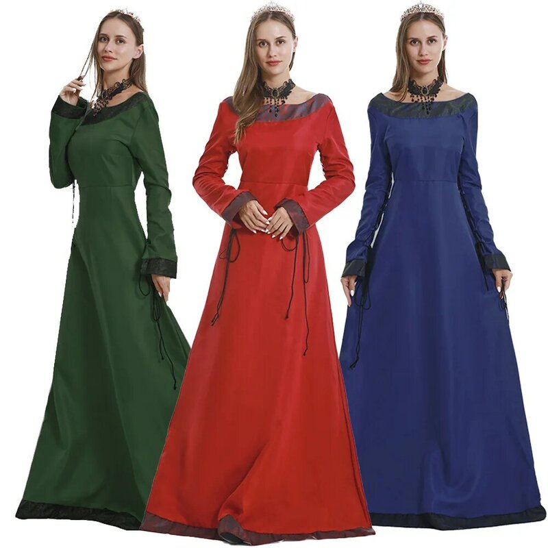 Женское винтажное платье средневековой длины, классическое центральное платье с длинным рукавом и круглым вырезом в европейском и американском стиле
