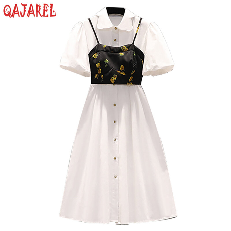Women Summer Casual Chiffon Two Piece Dress Sets 2024 White Short Sleeve Polo Collar Midi Dress+Black Print Sling Vest Suit Sets