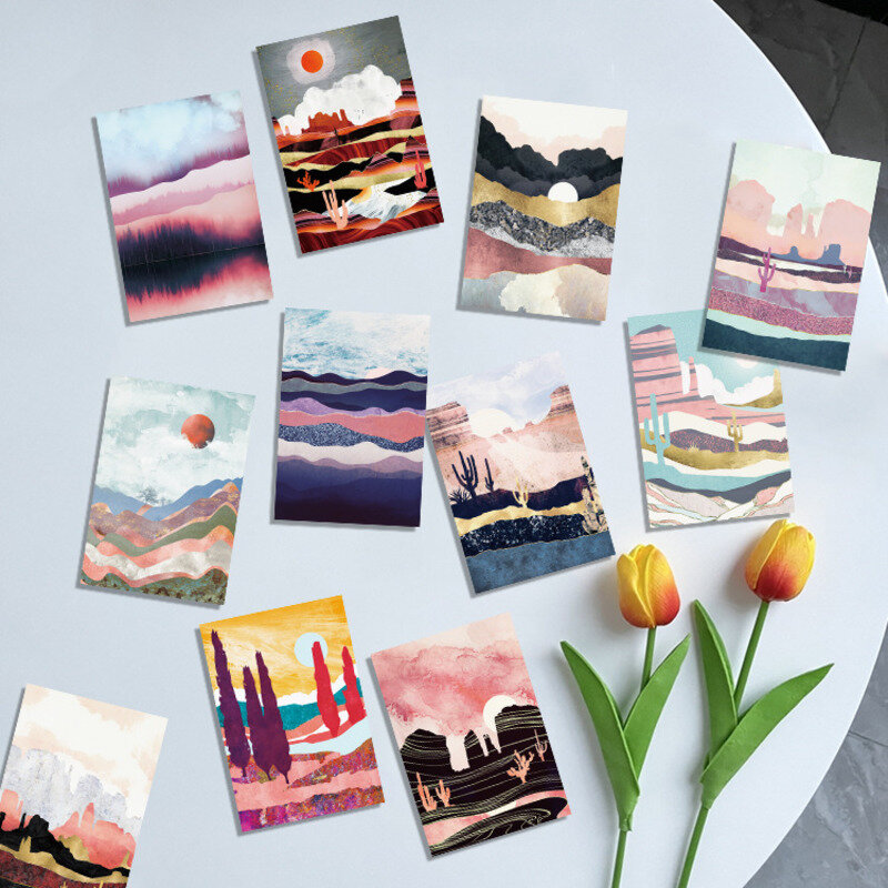 Ins-postales de Arte de paisaje de montaña y Río, tarjeta decorativa colorida creativa, Fondo de dormitorio, pegatina de pared, accesorios para fotos, 15 hojas