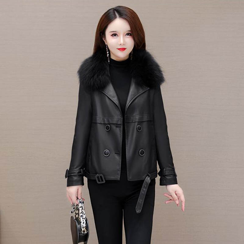 Temperament Fur Collar Leather Women's Winter  New Korean  Of Slim And Age-reducing Windproof Lining Cotton Casual Leather Coat
