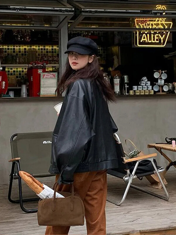 Женская мотоциклетная куртка Zoki в стиле ретро, уличная одежда из искусственной кожи в стиле Харадзюку, Байкерский пиджак в стиле хип-хоп с надписью, американский Повседневный винтажный Топ в стиле бойфренда с длинным рукавом, Y2K