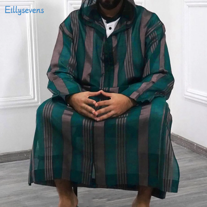 Veste árabe islâmica masculina, com capuz, listrado, zíper, veste muçulmana, casual streetwear solto, outono