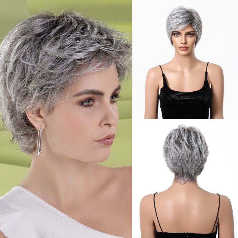 EASIHAIR krótkie włosy z grzywką dla kobiet Grey fryzura Pixie peruki mieszają peruki syntetyczne peruki zmieszane z ludzkimi włosami na co dzień