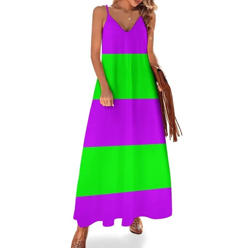 Vestido de novia de neón púrpura y verde con rayas horizontales anchas #2, vestido sin mangas, ropa elegante para invitados, ropa femenina