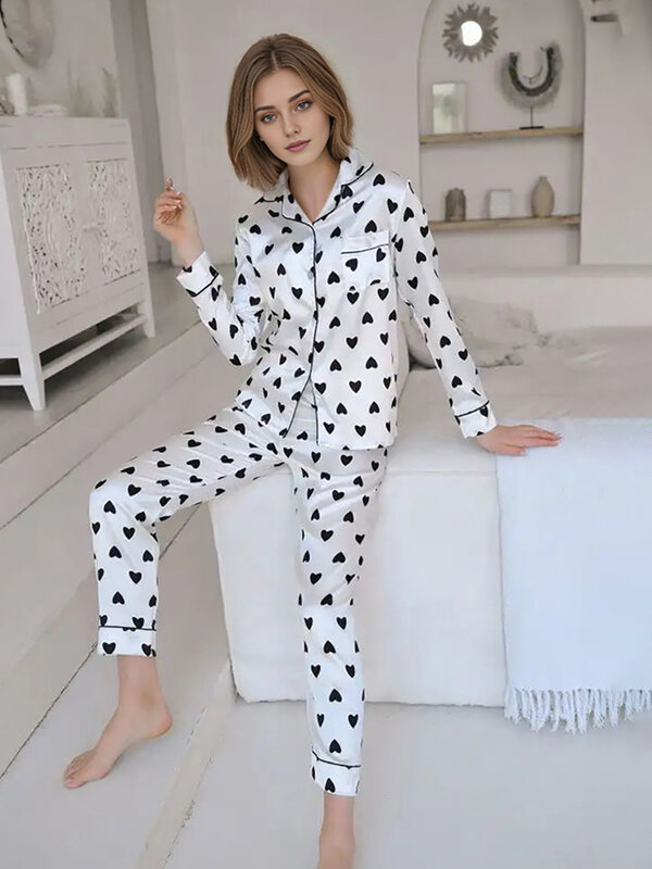 Marthaqiqi-Conjunto de pijamas de manga comprida feminina, camisolas sensuais femininas, calças de pijama com gola virada para baixo, terno causal do pijama
