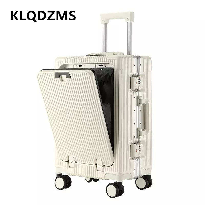 Klqdzms เคสรถเข็นแล็ปท็อปขนาด20นิ้วกระเป๋าลากอลูมิเนียมกระเป๋าขึ้นเครื่องเฟรมอลูมิเนียมด้านหน้าเปิด24 "ชาร์จ USB