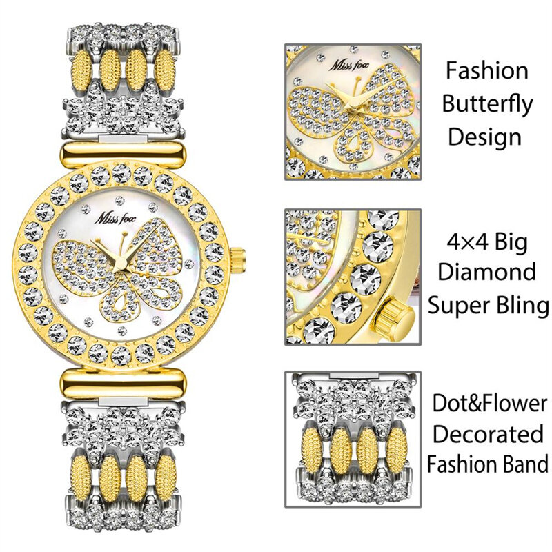 Montres étanches en acier inoxydable pour femmes, papillon Bling, montre à quartz élégante pour dames, horloge diamant, marque supérieure, mode de luxe