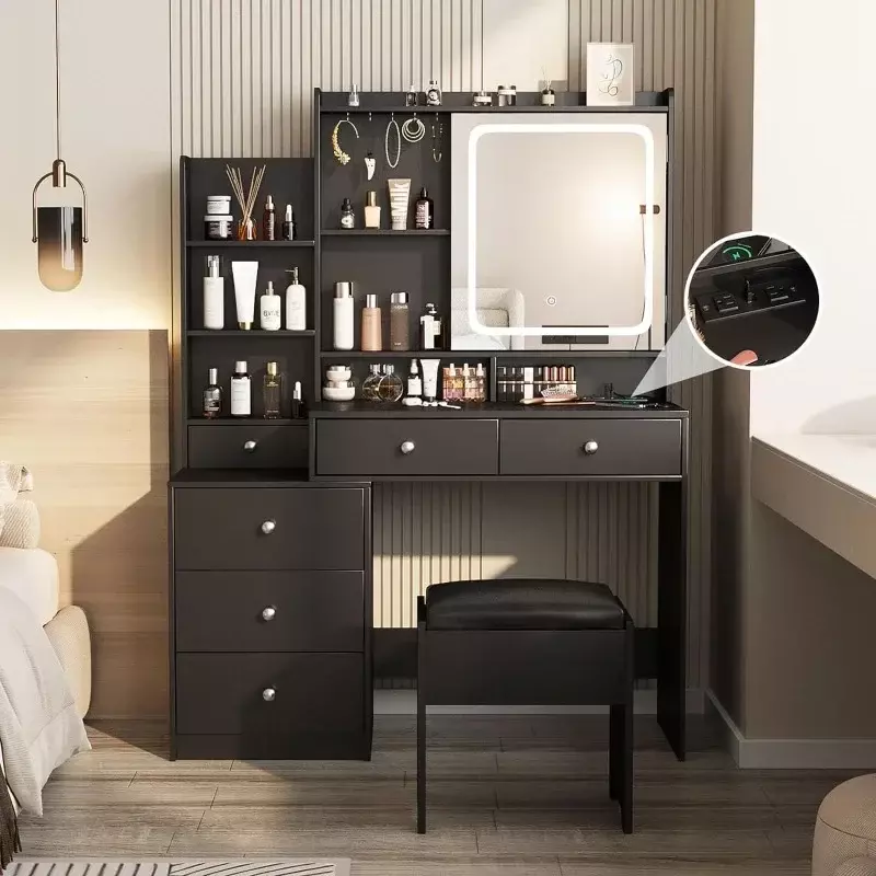 Vanity Makeup Mirror Desk com fezes, Vanity Set com 6 gavetas e prateleiras, Power Strip