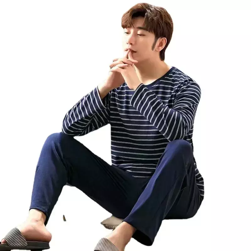 Men's Cotton Pajamas Arrival Striped Spring 2-piece Long-sleeved New Teen Winter And Autumn Suit Homewear