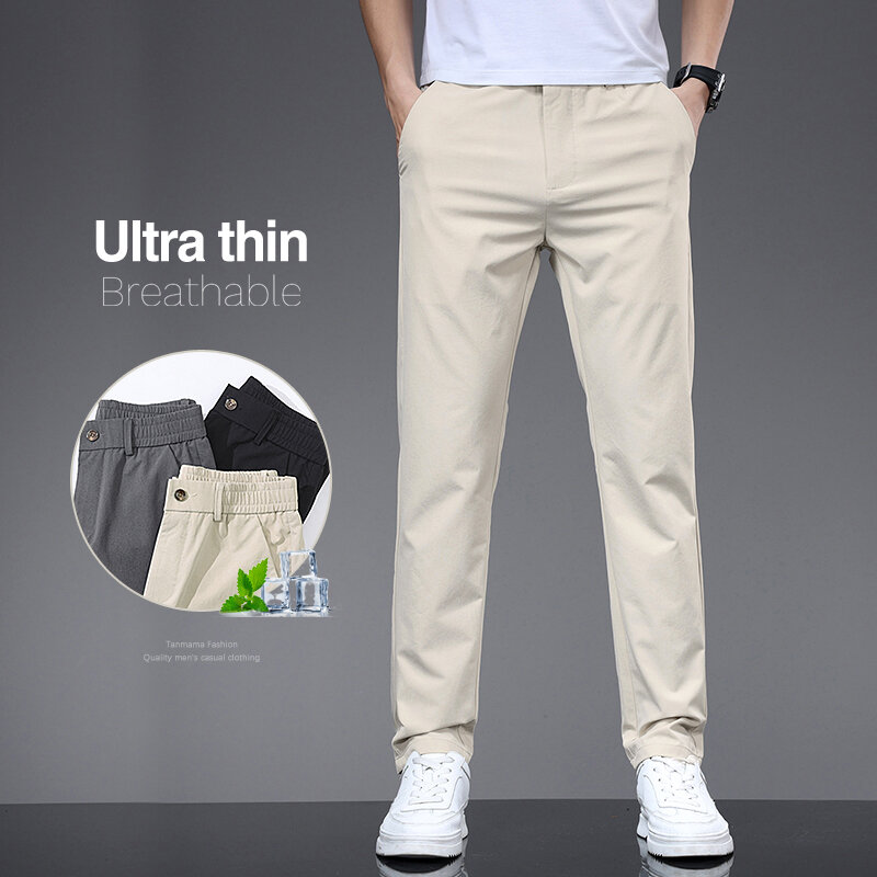 Summer Thin Men's Slim Casual Pants Solid Color Elastic Waist Soft Breathable Business Straight Trousers Black Beige Gray