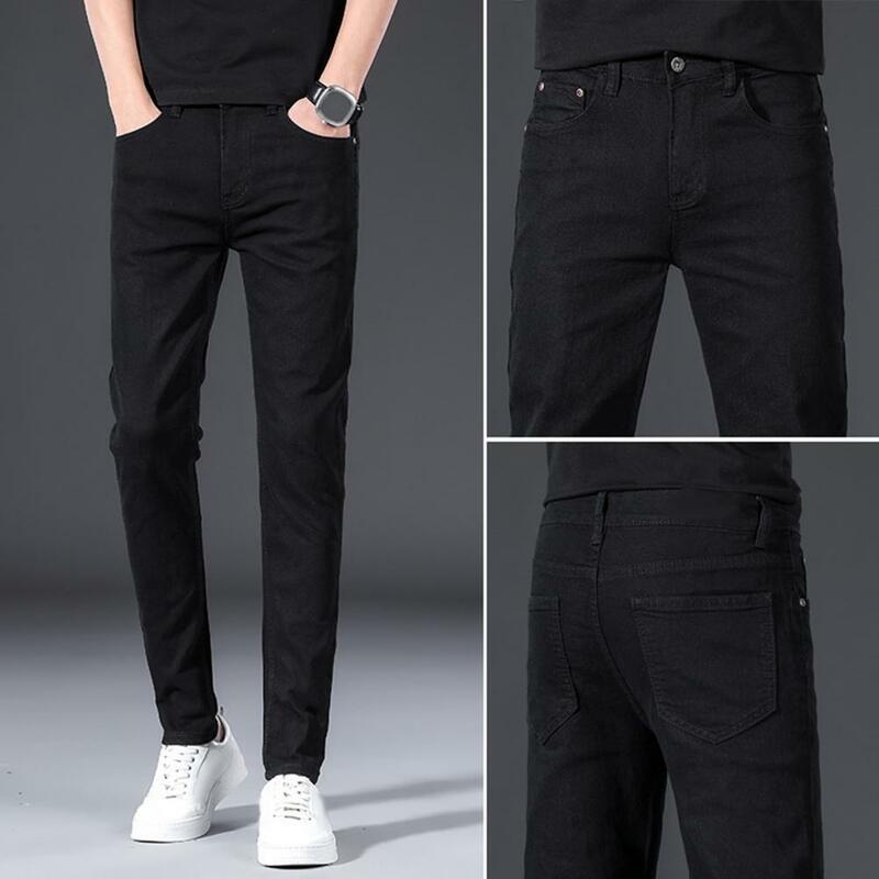 Reinforced Pocket Seams Elastic Slim Fit Men's Business Pants with Breathable Pockets Zip Fly Closure Mid Waist Solid for Casual