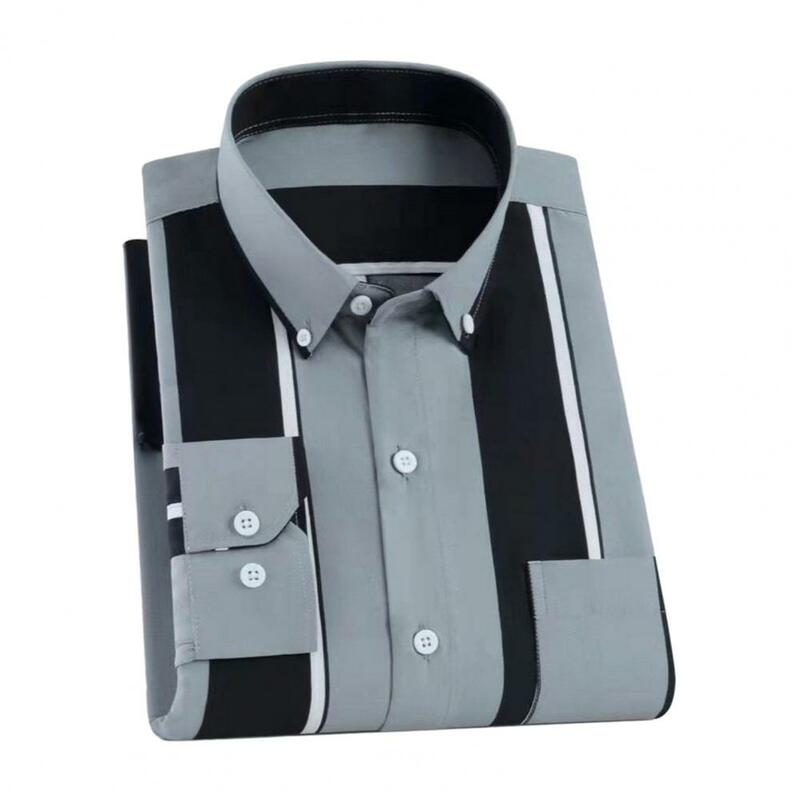 Camisa masculina de estilo comercial formal, comprimento médio, gola virada para baixo, manga longa, de peito único, tamanho grande