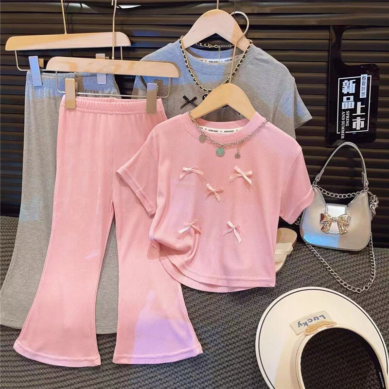 Summer Bow Drawstring Sets For Girls Short Sleeve T-Shirt +Pants 2Pcs Suits Fashion Kids Casual Sport Outfits Children Clothes
