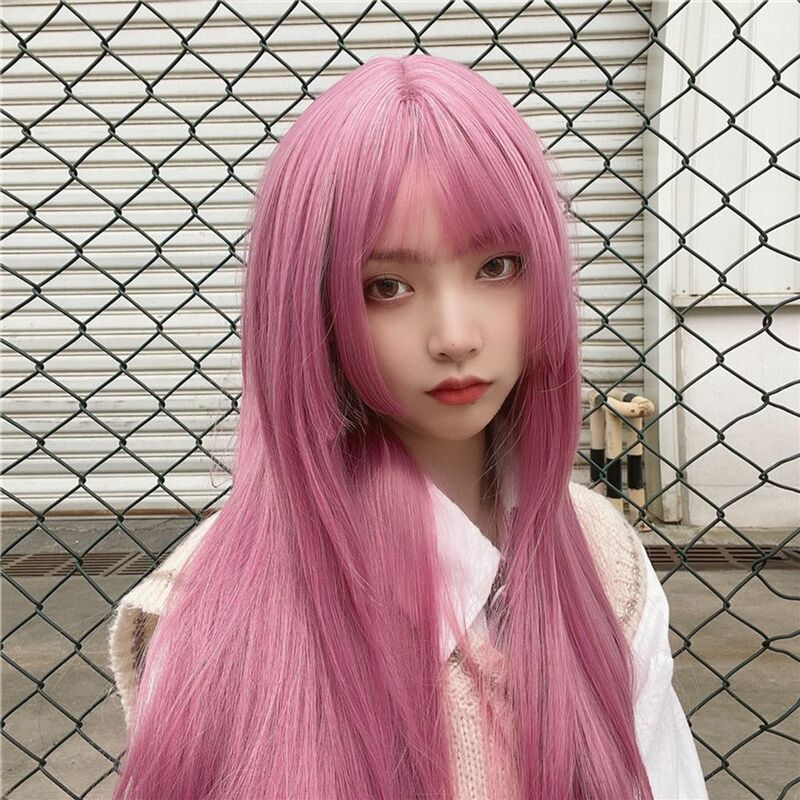 Jk hime-Peluca de pelo largo y liso para mujer, pelo sintético de fibra de alta temperatura, color rosa, para uso diario en fiestas