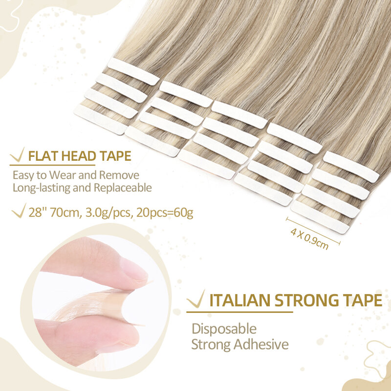 ZURIA-Extensão de cabelo humano com fita adesiva para mulheres, perucas longas 100% reais, perucas naturais retas, adesivas invisíveis, pacotes