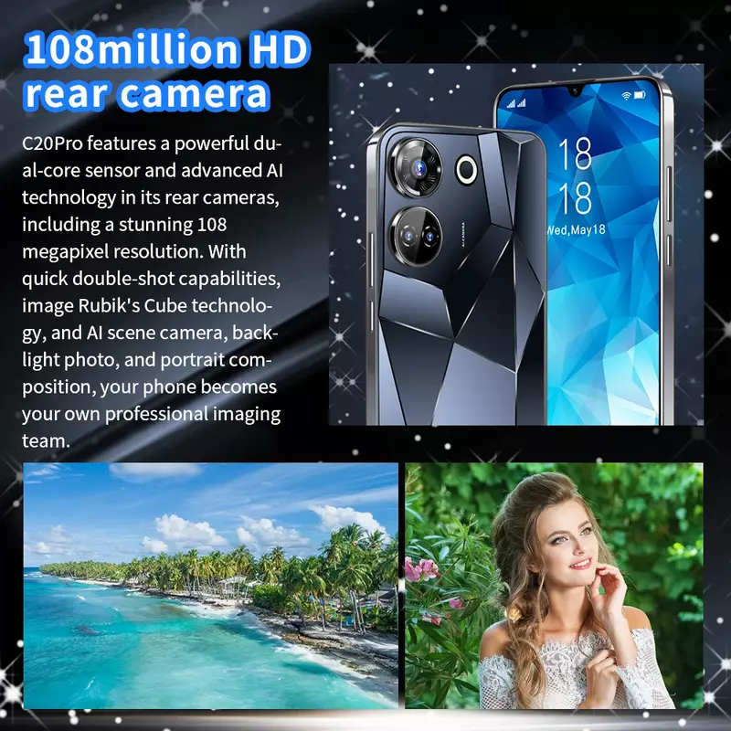 Smartphone C20 Pro 5G, 6.8 Polegada Display, Desbloqueio Facial, 16GB + 1TB, 8000mAh, 50 + 108MP, Duplo Sim, Cartão SD, Versão Global, Telefone Original