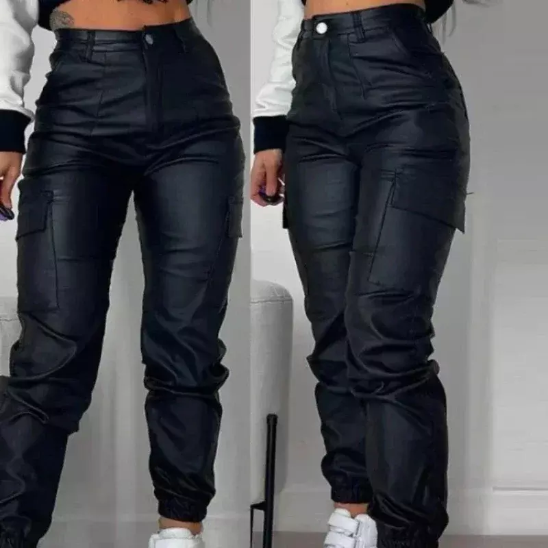 Женские брюки-карго Y2K в винтажном стиле, элегантные уличные штаны в стиле Харадзюку, мотоциклетные джоггеры из искусственной кожи с завышенной талией, брюки-султанки